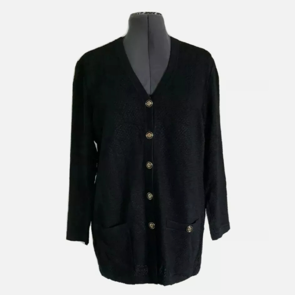 St John Collection Logo Button Front Waffle Knit Long Cardigan Sweater M Black